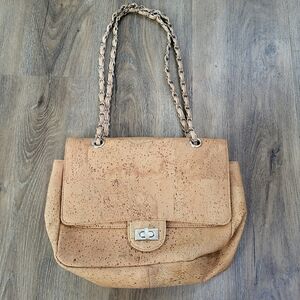 Queork Cork Tote Satchel Bag Purse Black Trim Metal Clasp Chain